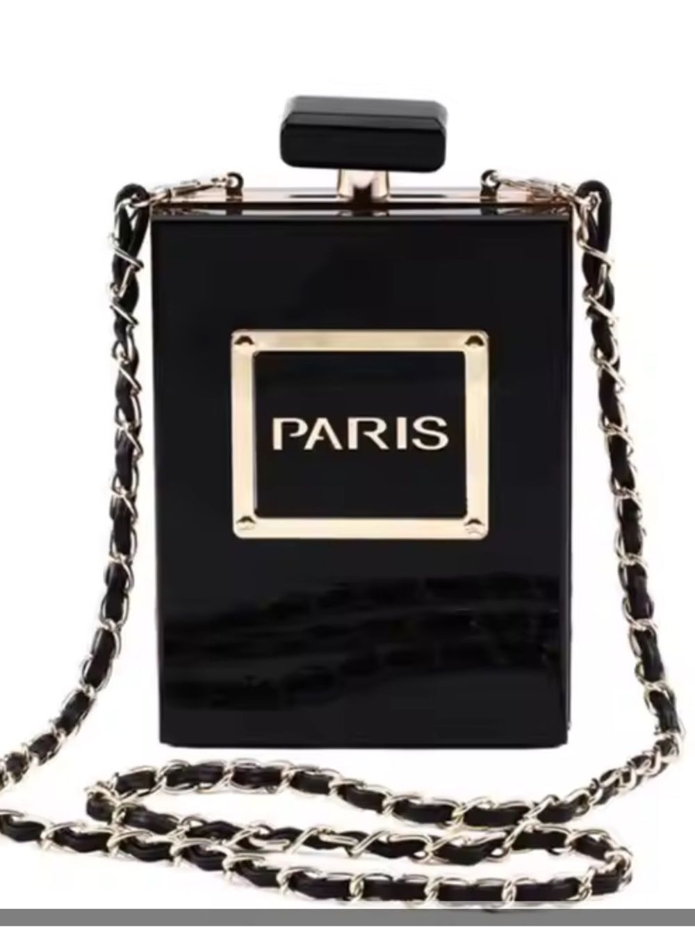 Black Acrylic Perfume Bottle Crossbody Bag with Gold Accents
